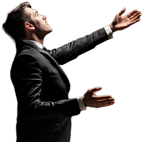 image of business man in grey dark suit looking up and reaching up to the right